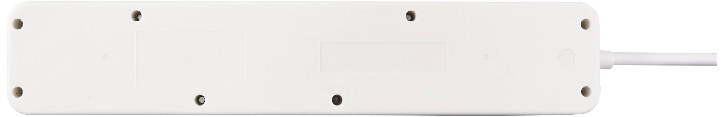 White power strip with a cable on the right side, six socket holes visible, without switches or USB ports.