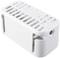 White cable management enclosure with ventilation and access slots. Contains cables that are partially visible.