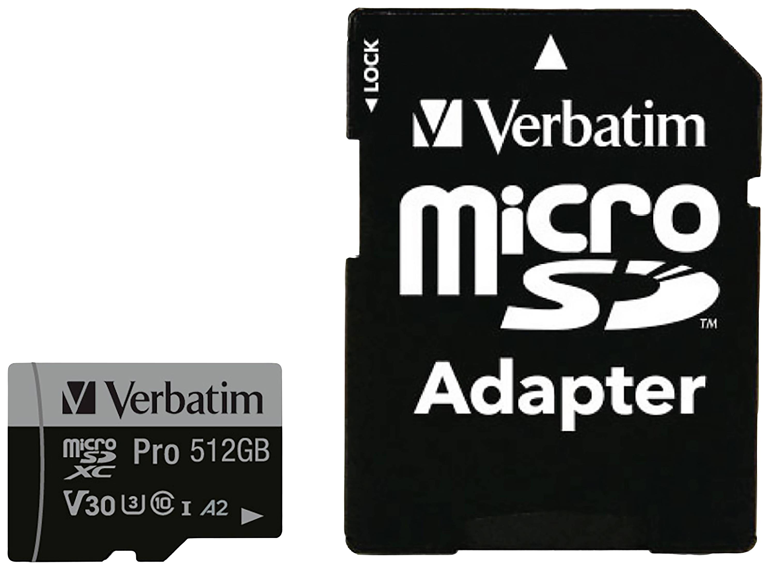 Verbatim Pro microSDXC card 512 GB UHS-Class 3 4k video support, A2 rating, incl. SD adapter, shockproof, Waterproof