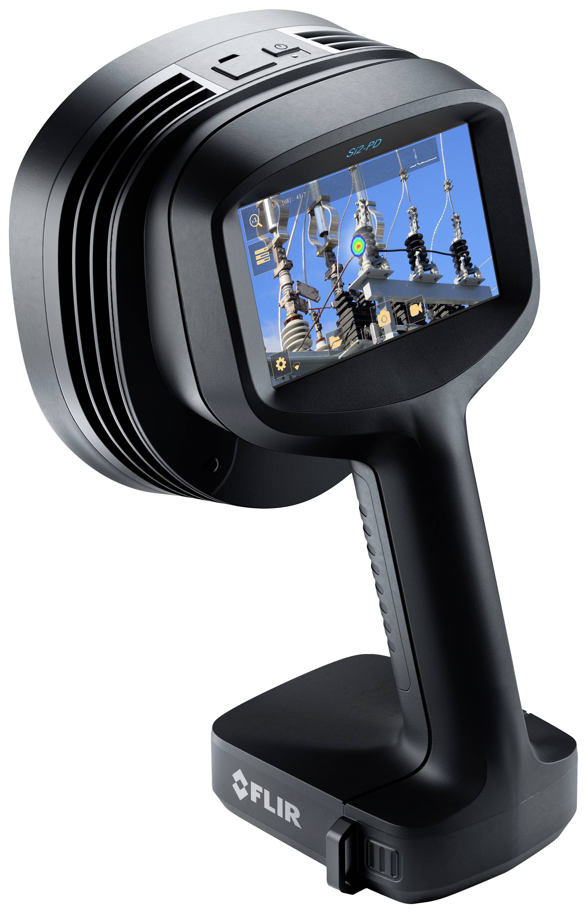 A portable thermal imaging camera displays a thermal image of power lines. It is used to detect temperature variations.