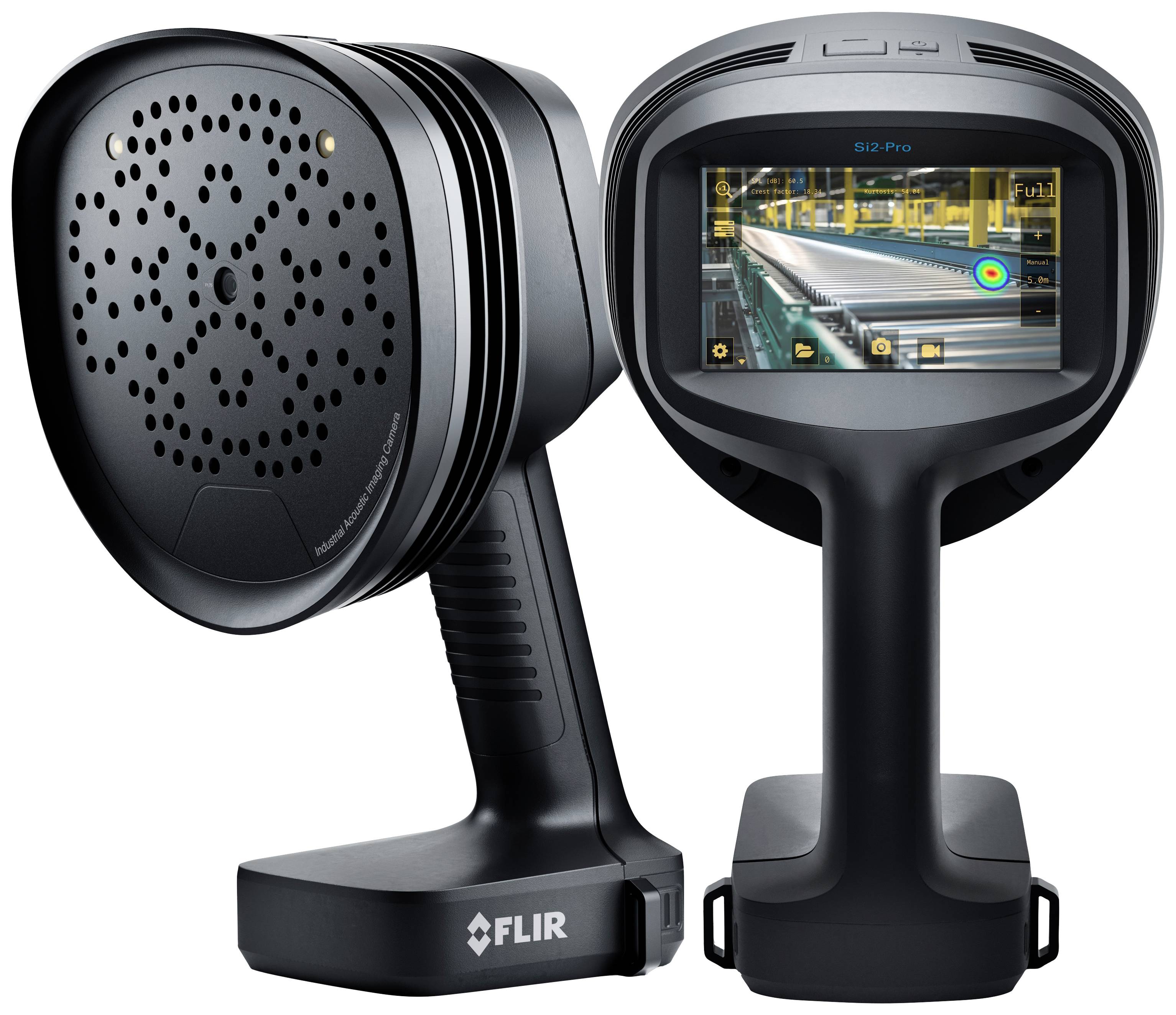 Two black thermal imaging cameras, one showing the front with sensors, the other the rear with a display depicting a temperature monitoring process.