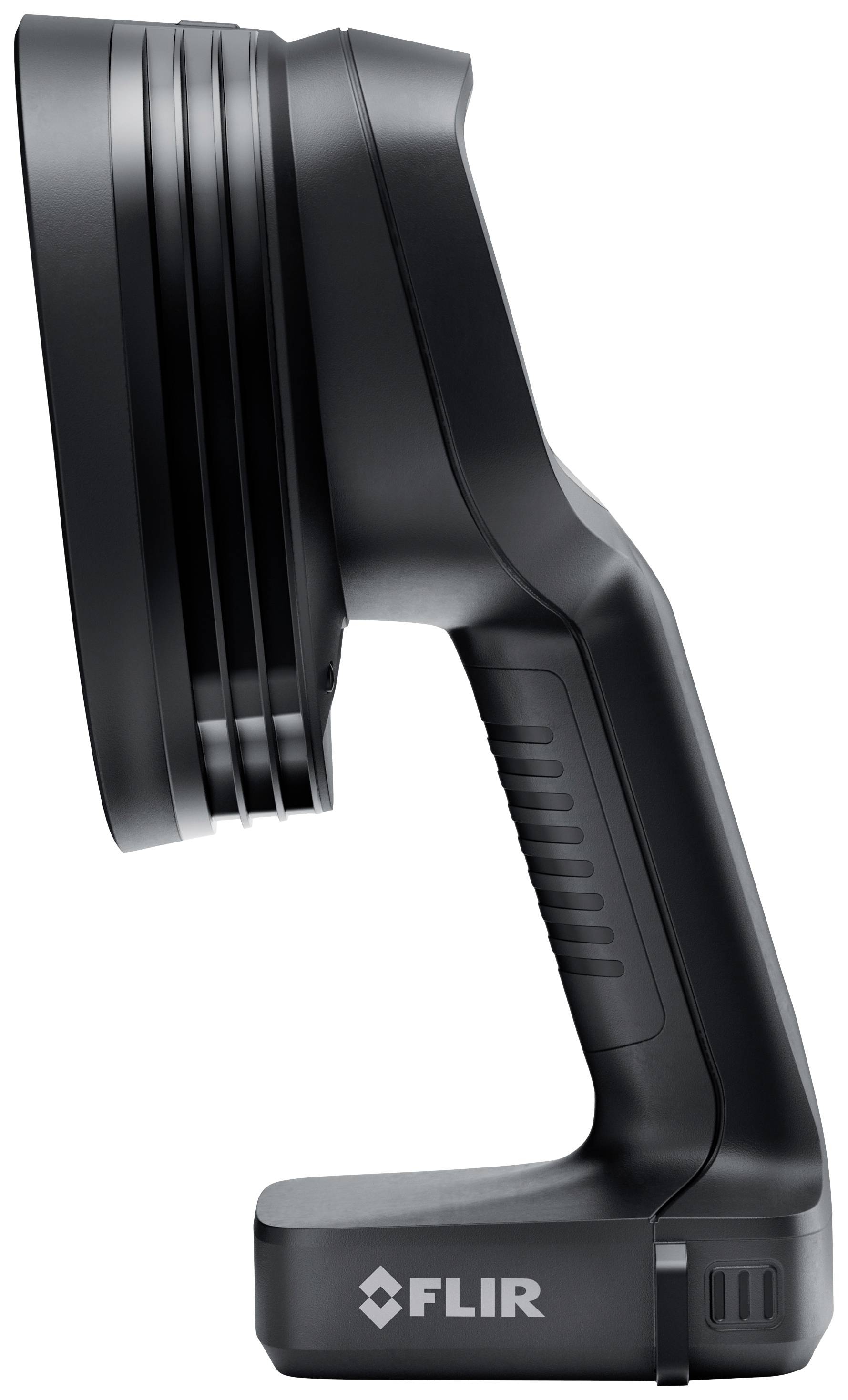 Handheld device with a thick lens housing, ergonomic grip, and branding on the base. Used for visual inspections.