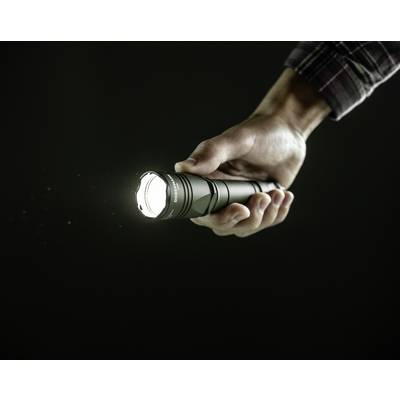 A hand holds a switched-on torch, illuminating a dark room.