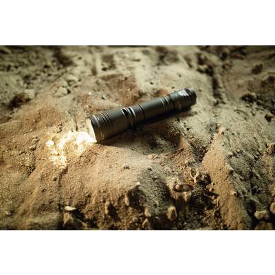 Torch lies switched on upon sandy ground. It illuminates the sand gently and leaves a small circle of light.