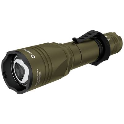 A black tactical torch with clip, robust design and textured grip, perfect for outdoor activities.