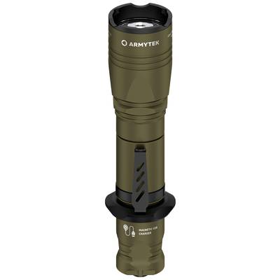 Olive green torch with clip and magnetic USB charging port.