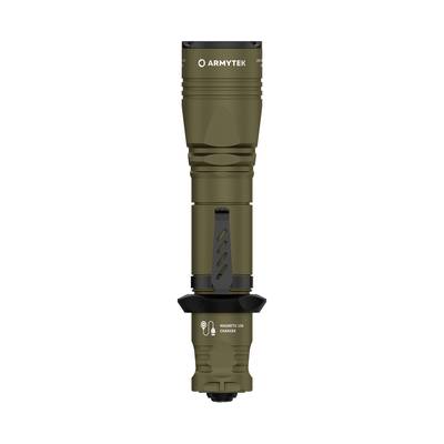 Torch in an olive green design with a labelled handle and magnetic charging port.