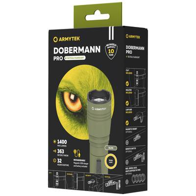 Packaging for the 'Dobermann Pro' tactical torch by Armytek, 1400 lumens, waterproof, USB charging function, in olive colour.