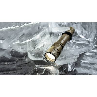 'Torch lies on broken ice, casting light.'<br><br>Note: In British English, "torch" is used instead of the American "flashlight", and the translation maintains the concise, descriptive nature of the original German sentence.