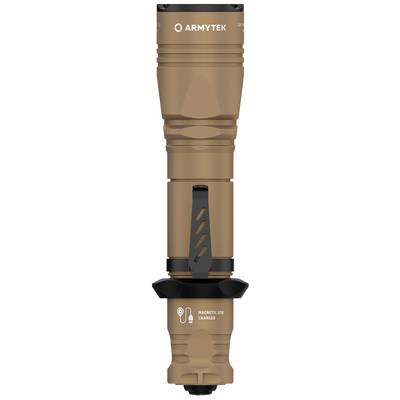 Torch with brown casing and magnetic USB charging port.