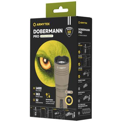 'Packaging of the Armytek Dobermann Pro torch in sand colour. Details: 1400 lumens, 363 metres range, 32 hours runtime.'