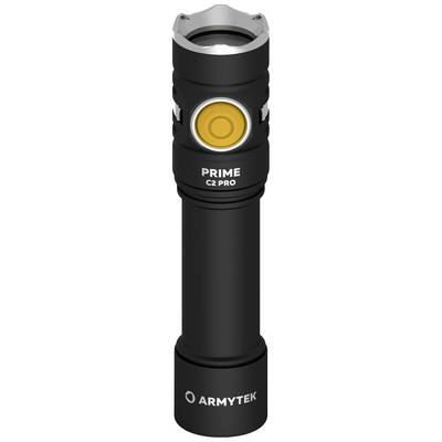 Black torch with a yellow button, labelled 'PRIME C2 PRO' and 'ARMYTEK', compact and rugged design for outdoor use.