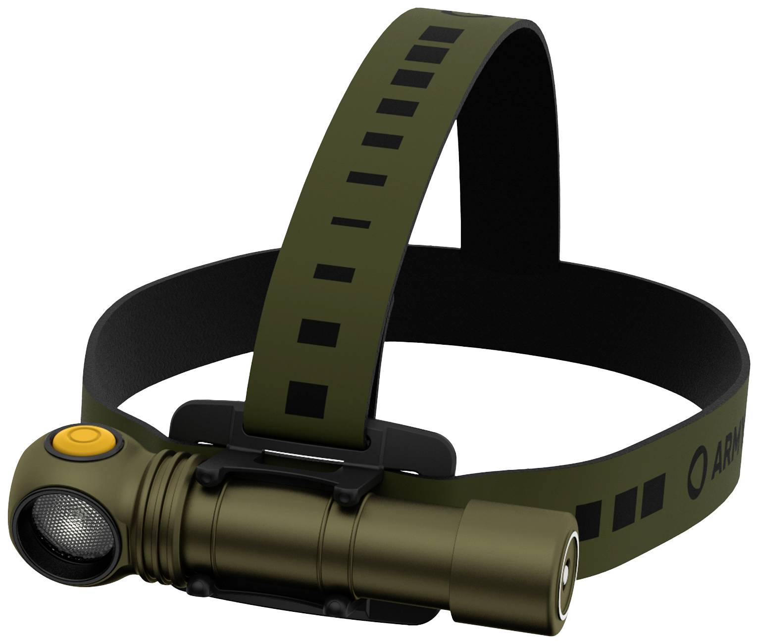 Head torch in olive green with elastic, adjustable strap; large, round lens on the right and orange button on the left.