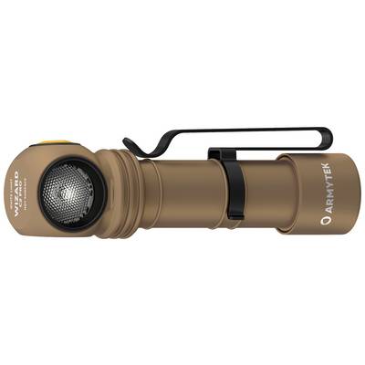 Brown torch with clip and side button. 'ARMYTEK' marking on the handle. Right side of the light frame.