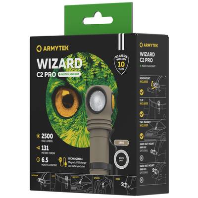 Packaging for the 'Armytek Wizard C2 Pro' torch. Details: 2500 Lumens, 131 Metre Range, 6.5 Months Runtime, Rechargeable. Includes Accessories.