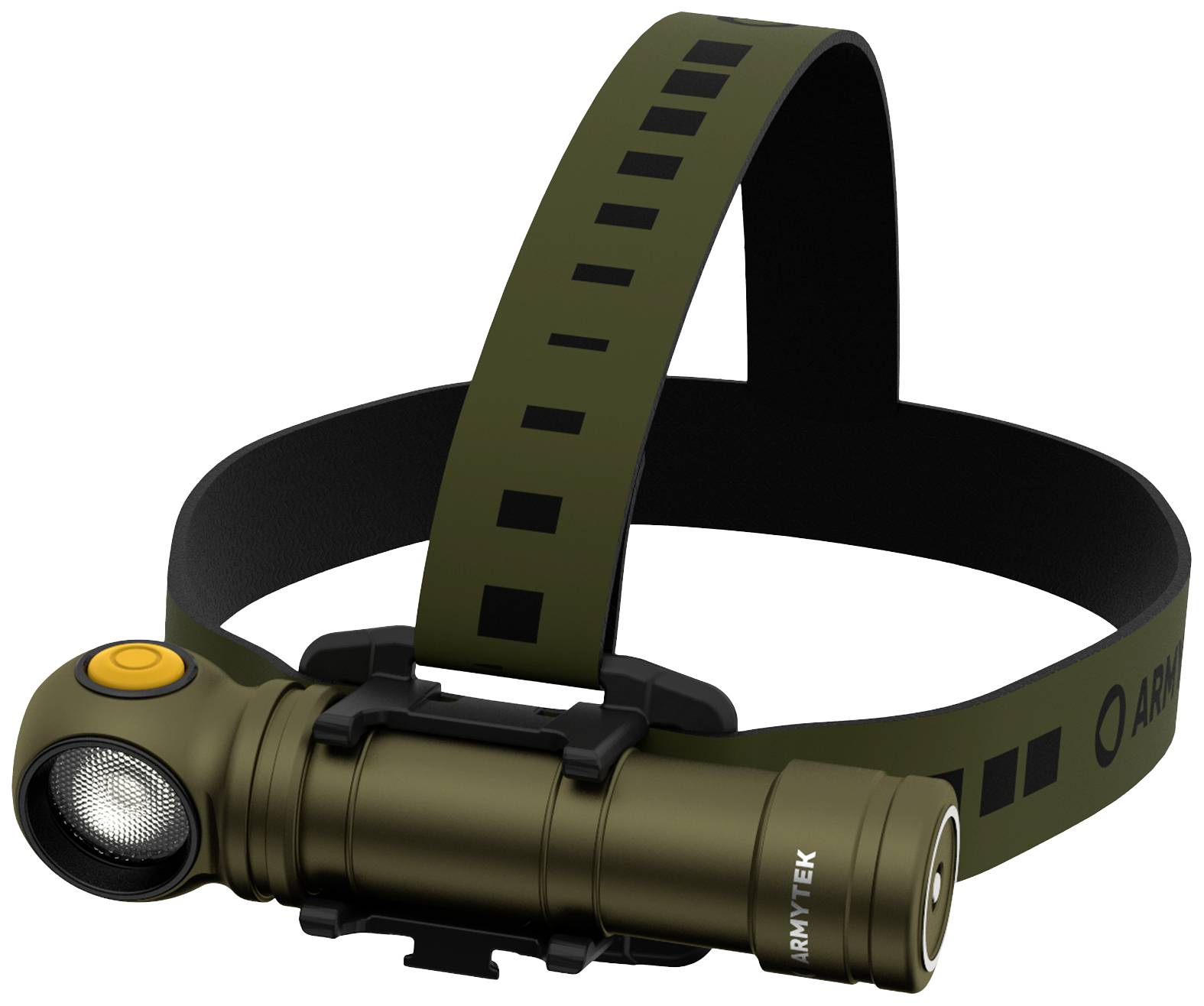 Headlamp with black and olive green strap, side-mounted lamp, and orange button, suitable for outdoor activities.