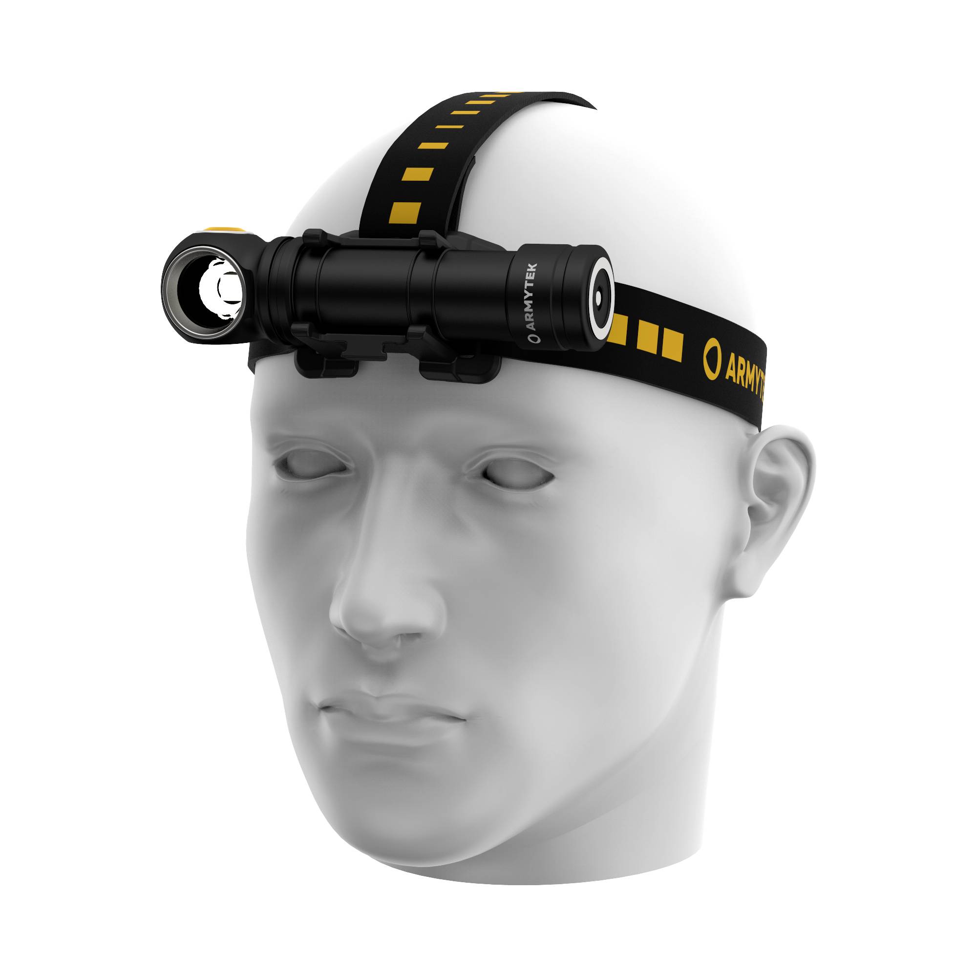 Head of a statue wearing a head torch, black band with yellow details. Potentially designed for night operations or work in dark environments.