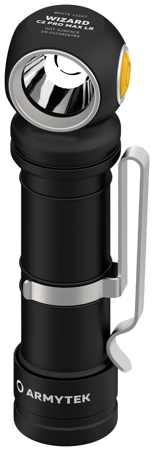 Black torch with side clip and small reflective head, brand 'Armytek Wizard', suitable for outdoor activities.