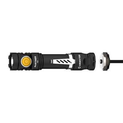 Torch with a removable battery compartment cover, black casing and yellow on/off switch.