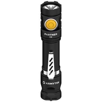 Black torch 'Partner C2' with yellow switch and silver clip; brand name 'Armytek' printed.