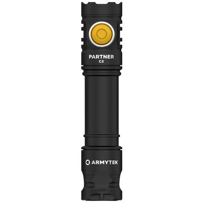 A black torch by Armitek with an orange activation button, model 'Partner C2'.