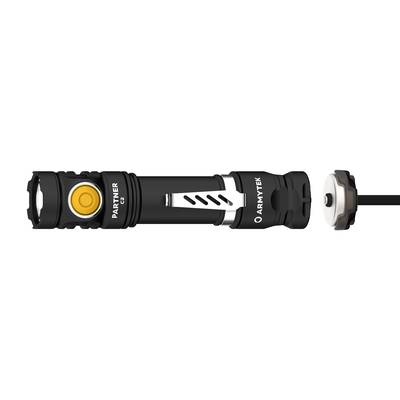 Torch with black casing and yellow switch, removable end cap, product name 'Partner C2' printed.
