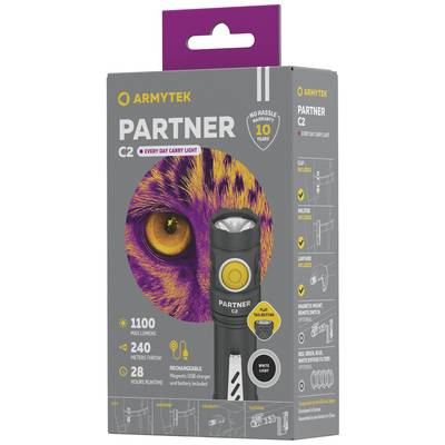'Torch packaging for Armytek Partner C2. Key features: 1100 lumens, 240-metre range, 28-hour runtime, rechargeable, 10-year warranty.'