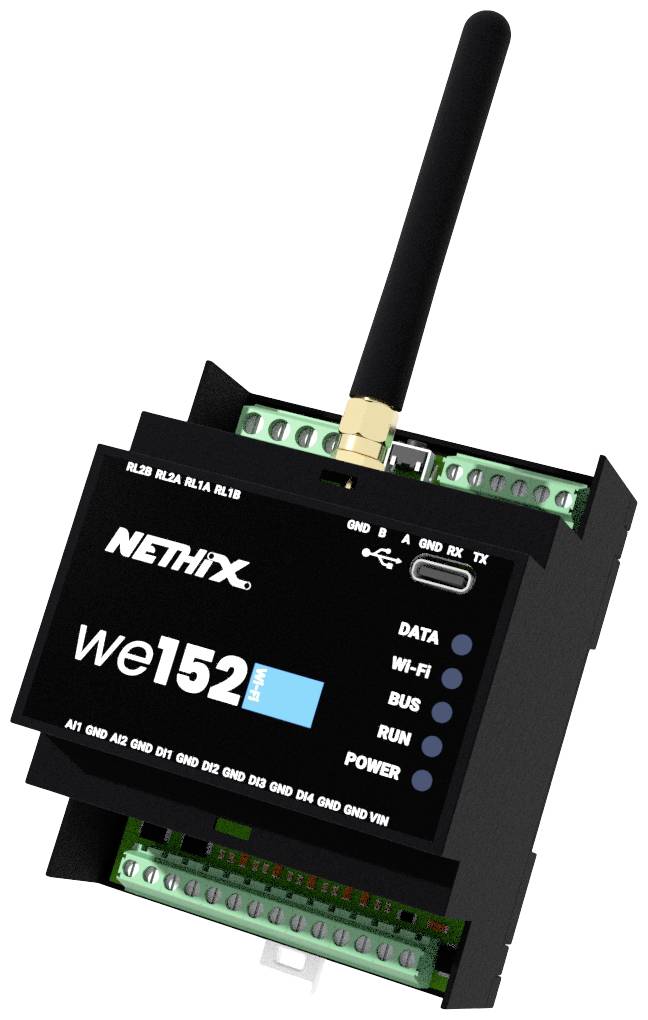 A black network hardware device with an antenna, labelled 'Nethix we152', displays status indicators for data, Wi-Fi, bus, operation, and power supply.