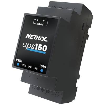 'Netio ups150' UPS module in a black enclosure, with 'PWR', 'CHG', 'VOUT', 'GND', 'LINE' and '230VAC' indicators displayed.