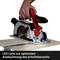 A hand holds a red circular saw over a board, text: 'LED light for optimal illumination of the cutting area'.