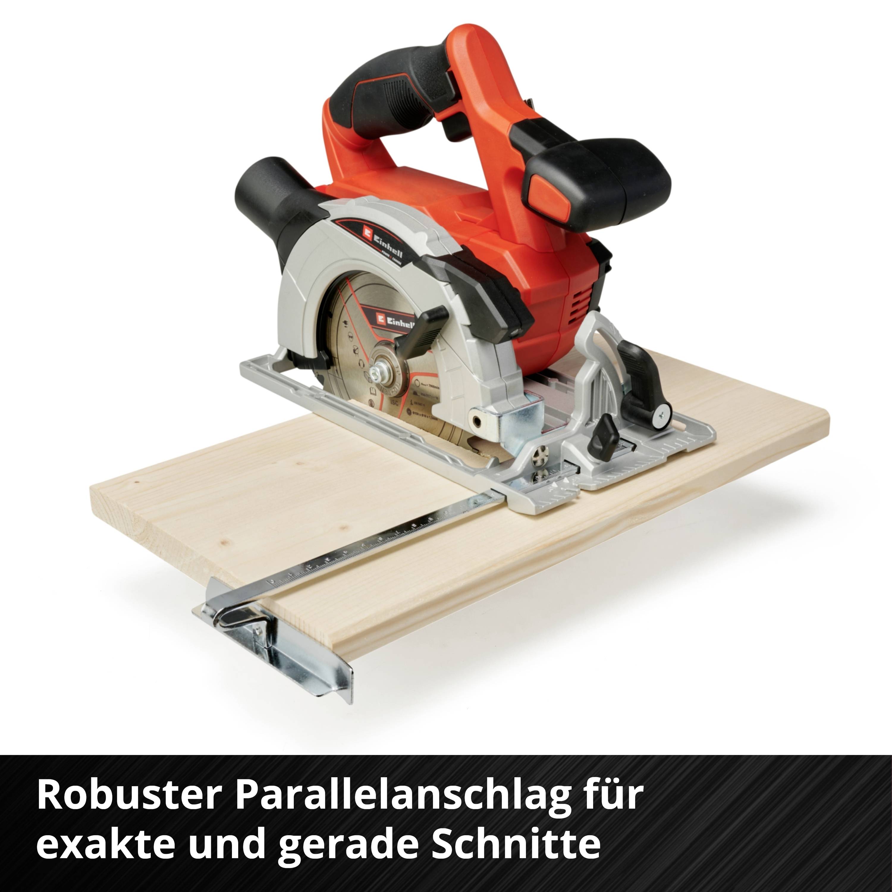 Circular saw on wooden board. Text: 'Robust parallel guide for precise and straight cuts'