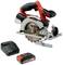 Cordless circular hand saw by Einhell with charger and battery. Saw blade is visible, handle with ergonomic design and red accent colour.