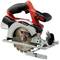 A red and black handheld circular saw with the Einhell logo on the blade. It has an ergonomic handle for precise cutting.