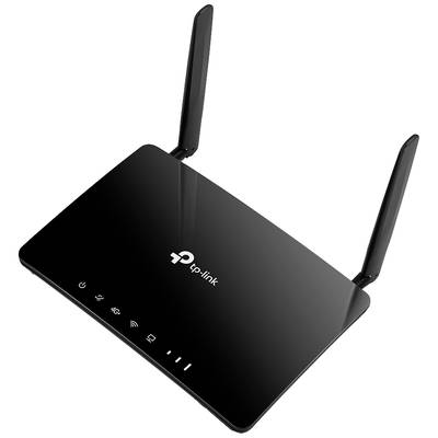 A black Wi-Fi router with two aerials, the TP-Link logo clearly visible at the front. Displays status LEDs for power, internet and wireless connectivity.