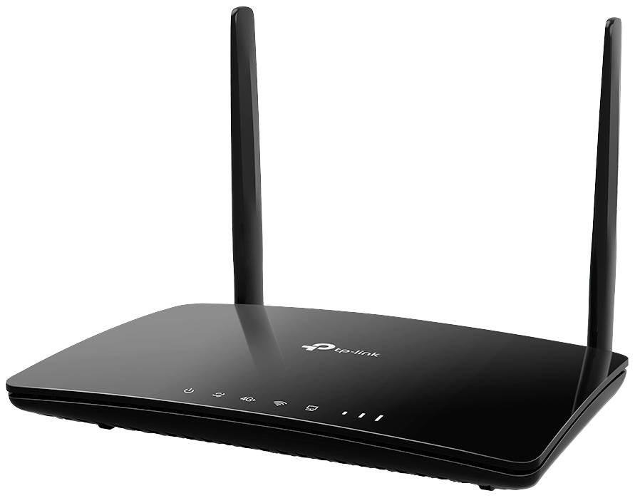 Black Wi-Fi router with two aerials, featuring multiple LED indicators at the front, depicting a standard home network device.