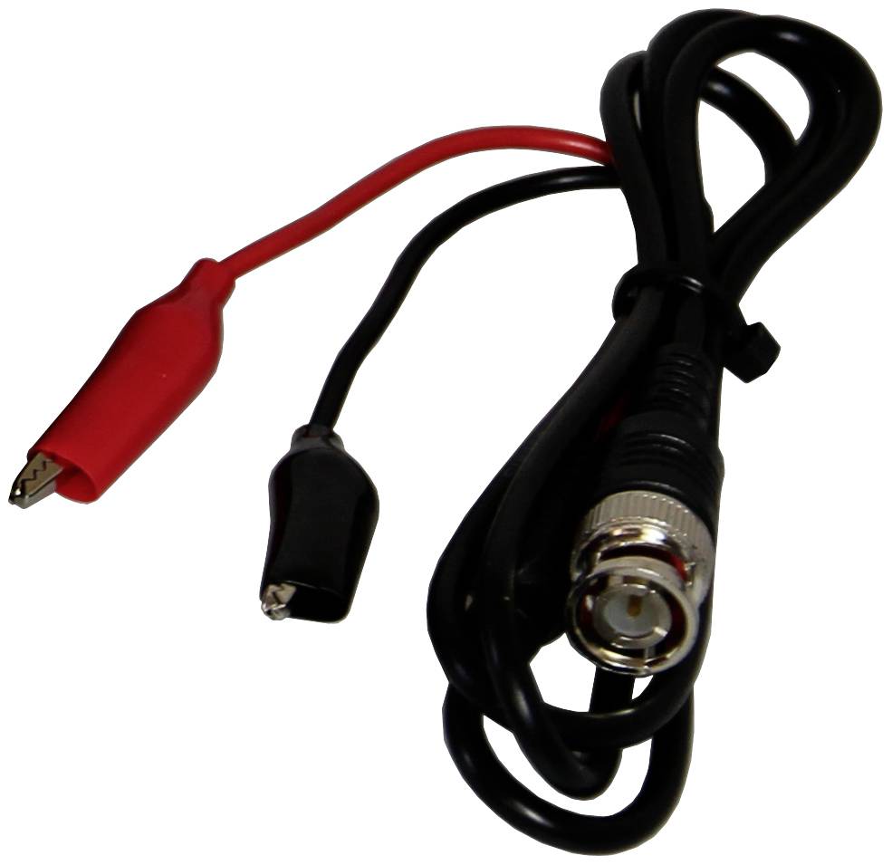 Cable with black and red crocodile clips, connected to a BNC connector, is often used for electronic testing.
