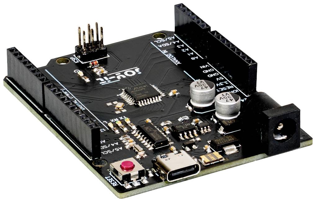 A black Arduino development board with multiple ports, a USB-C connection, and electronic components on the top surface.