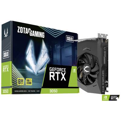A ZOTAC GeForce RTX 3050 graphics card next to its packaging. The box highlights features such as 6GB memory, Ampere architecture, and DLSS.
