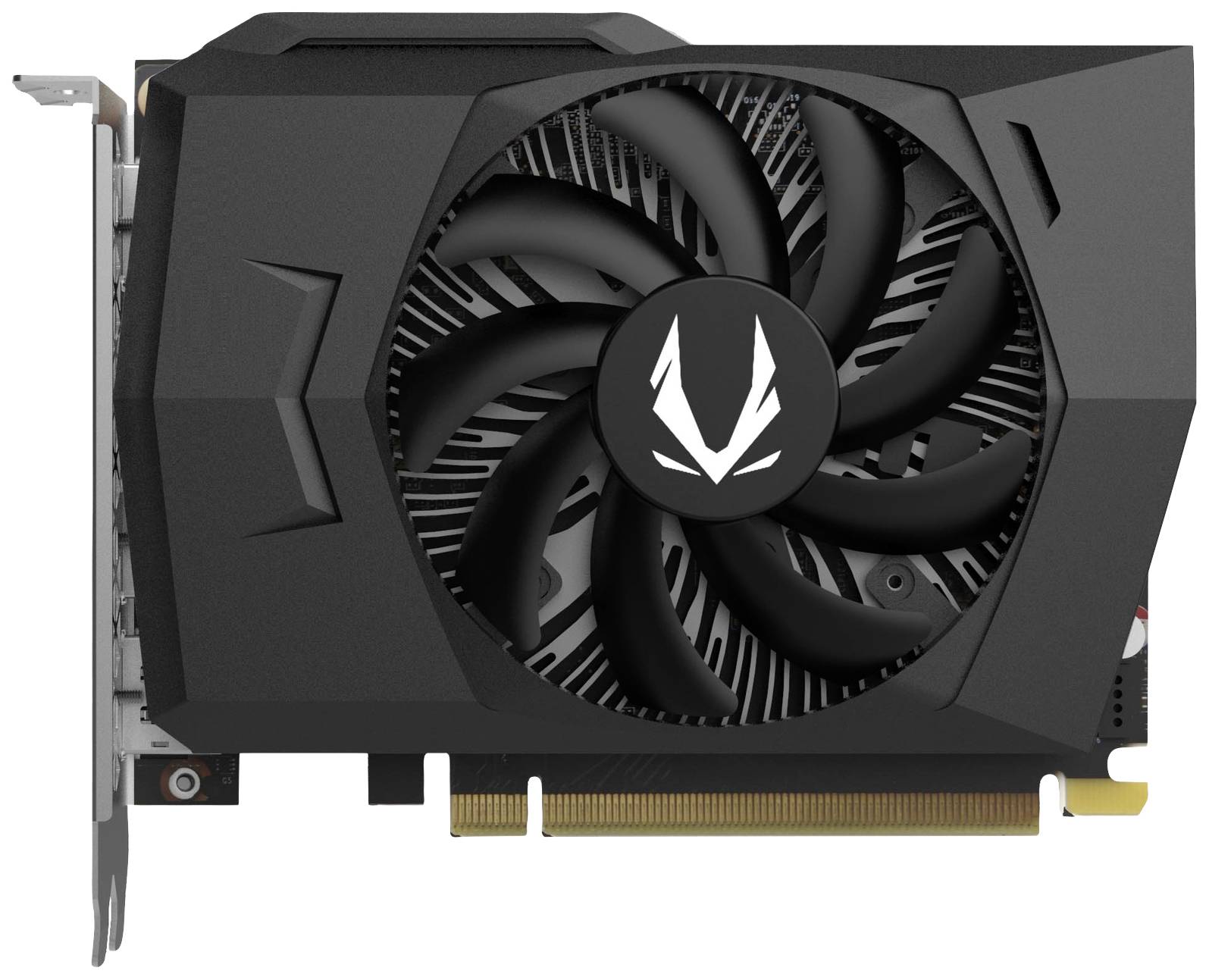 The image shows a black graphics card with a large fan in the centre and a golden connection strip at the bottom.