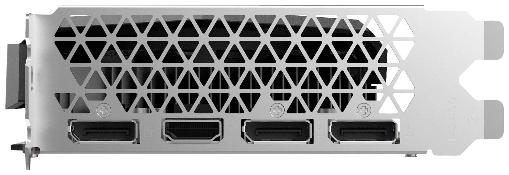 The rear side of a graphics card with four connection ports and a mesh design for ventilation.