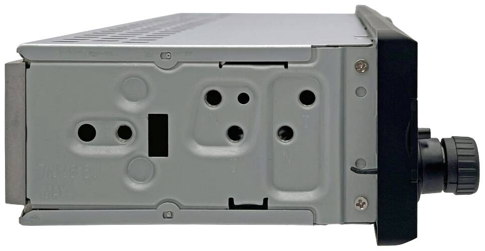 Side view of an electronic device with multiple mounting points and an adjustment knob on the right. Suitable for installation.
