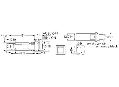 Technical Drawing of a Switch with Dimensions in Millimetres. Shows Switch in 'ON', 'OFF' Positions, Options in White/Black.
