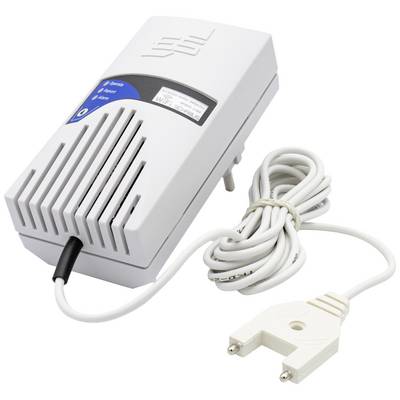 A white electronic device with ventilation slots and cables, presumably a charger or power supply, on a white background.