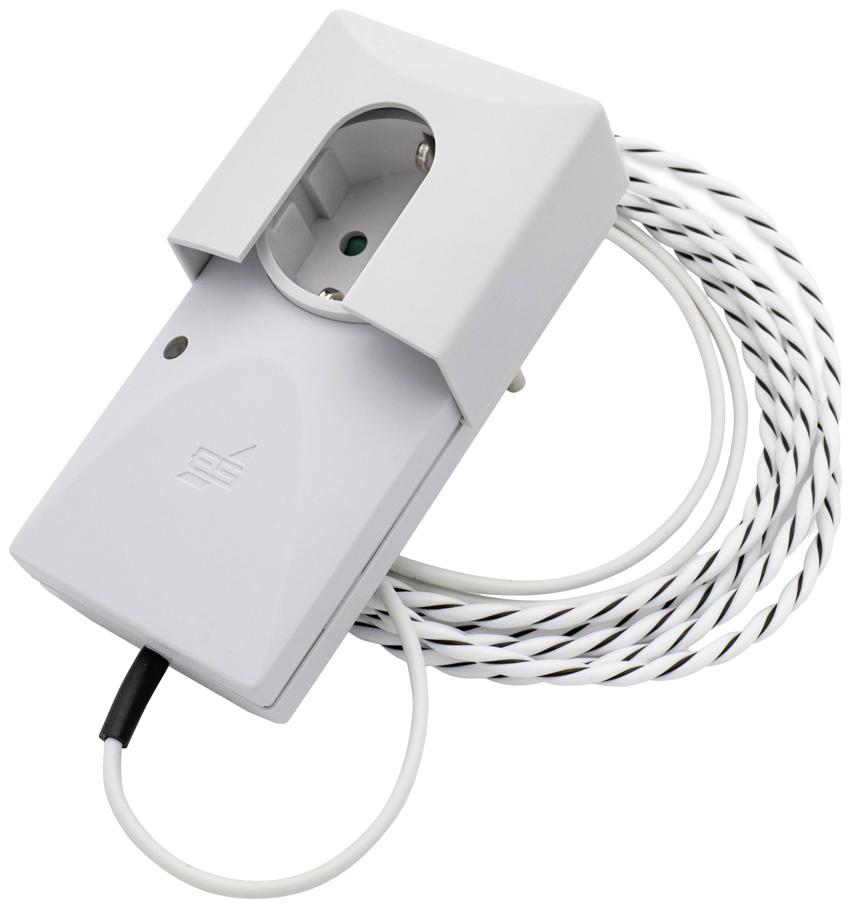 White electrical device with a plug socket and long, white cable.
