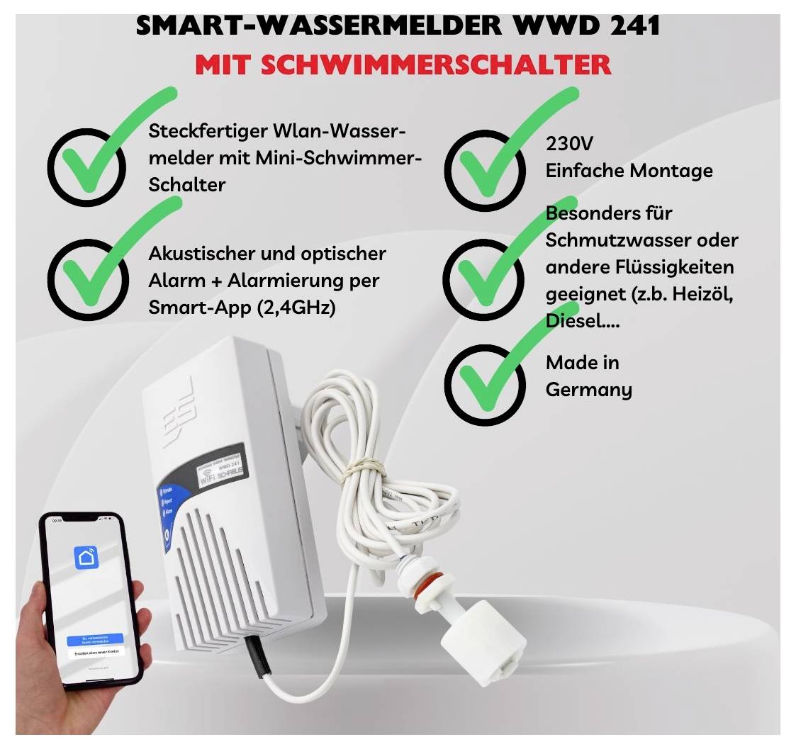 'Smart Water Detector WWD 241 with Float Switch: WiFi-enabled, Optical and Acoustic Alarm, Easy Installation, Ideal for Dirty Water.'