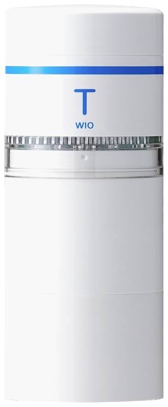 White cylindrical container with a blue stripe at the top and 'T WIO' inscription. Plastic, with a clear section in the middle.