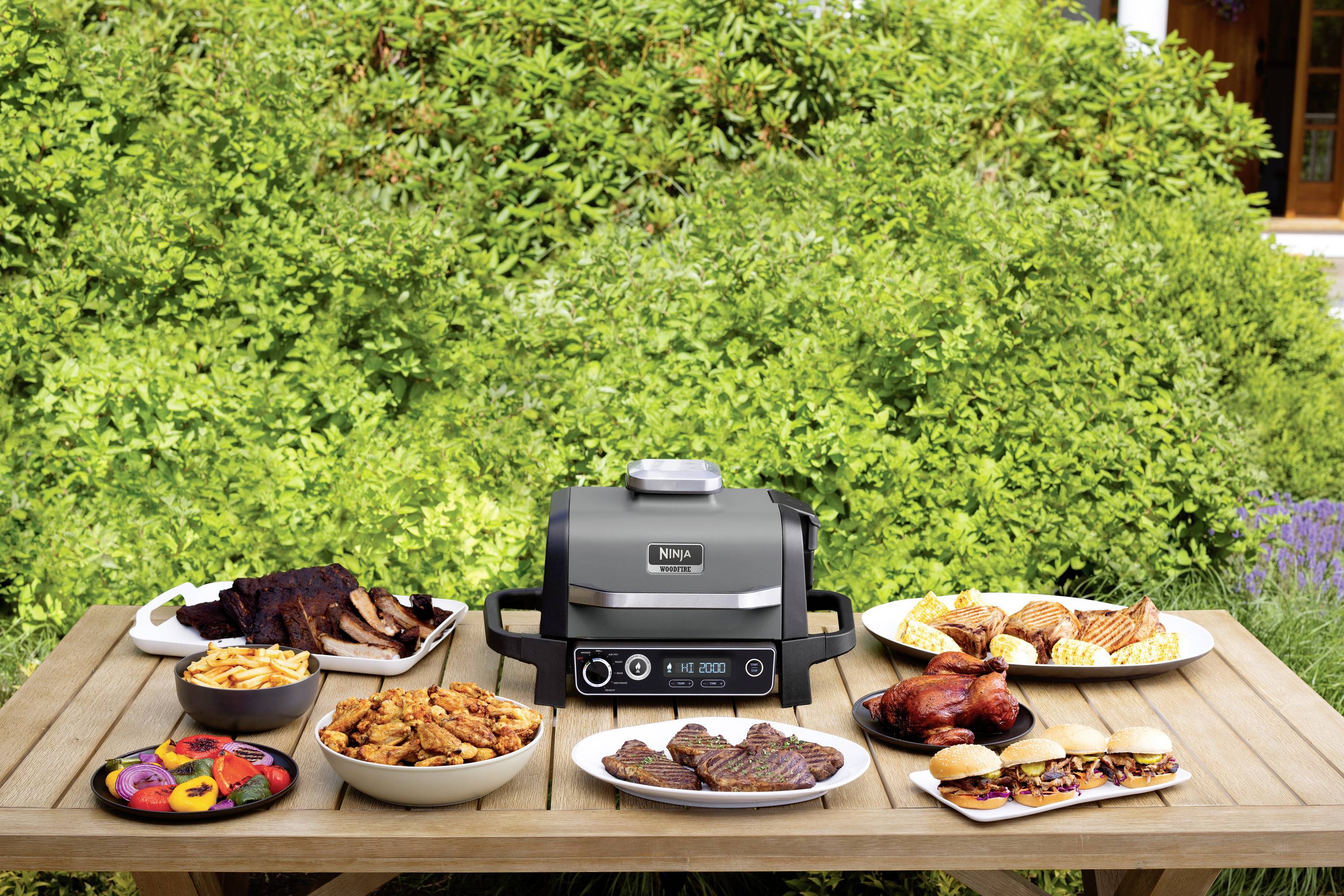 A wooden table outdoors with an electric barbecue in the centre, surrounded by plates of various grilled dishes and side dishes. Green foliage in the background.