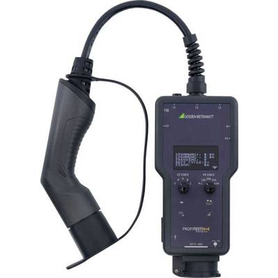 An electrical testing device with a cable and screen displays measurements and settings. It is designed for checking safety systems.