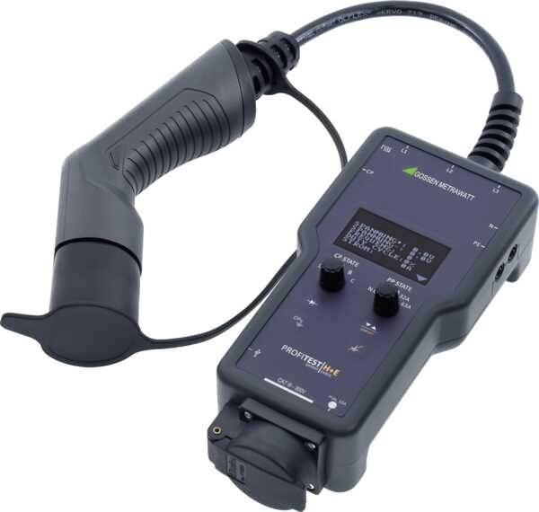 Handheld electrical safety measuring device with display and buttons, in black colour, with a curved handle.