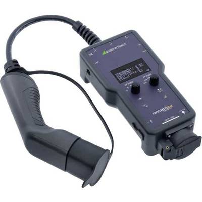 A portable testing device for checking charging cables for electric vehicles. Displays test readings on a small display.